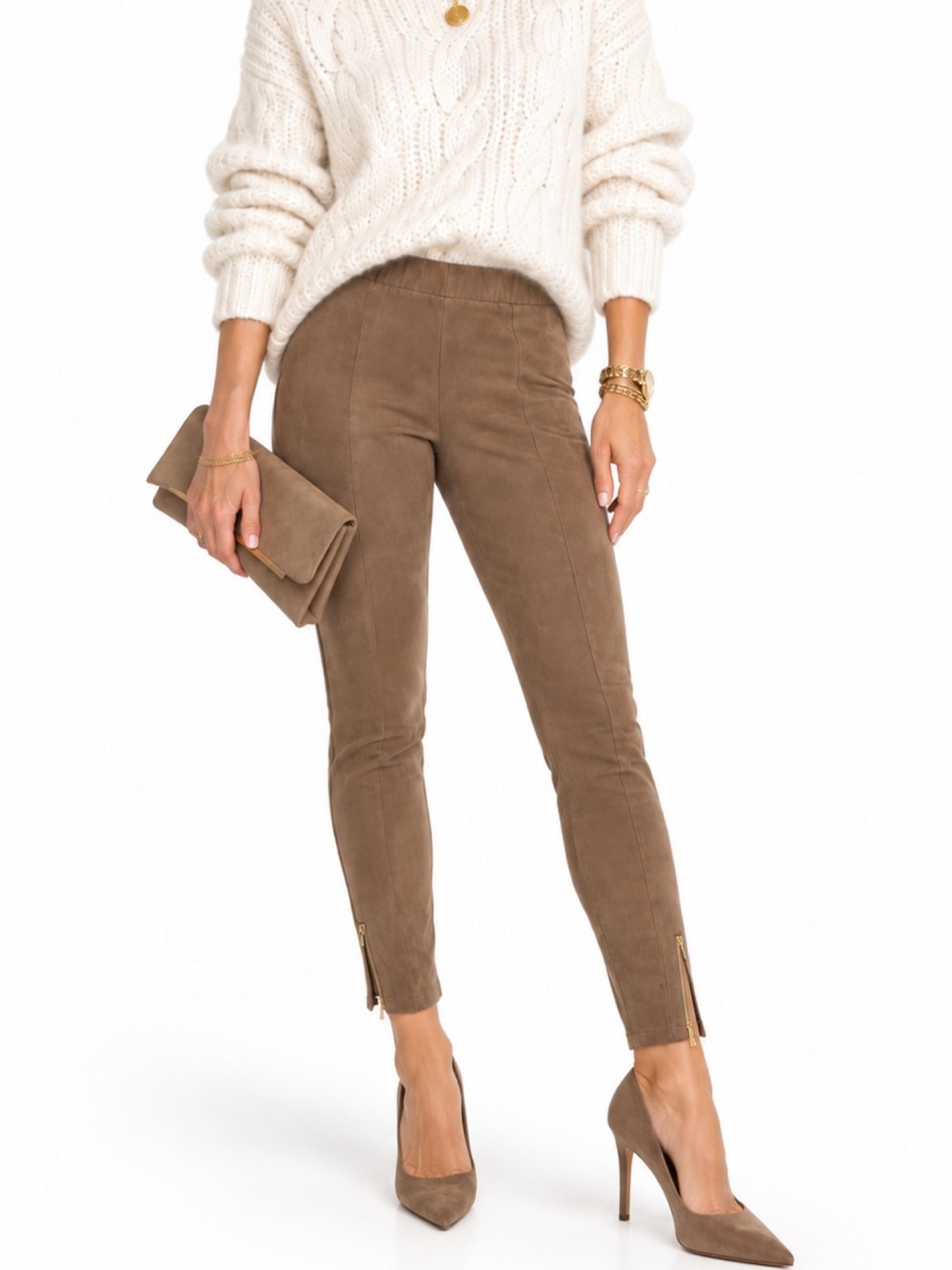Zara Faux Suede Beigh Skinny Ankle Zip Pull-On Pants SZ SM EUC